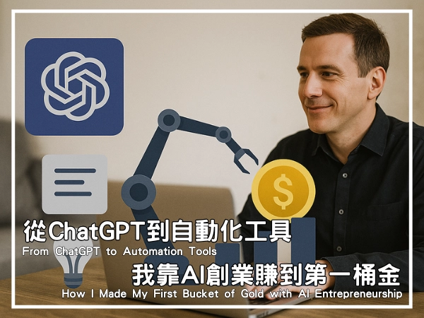 一位穿著深色襯衫的男性坐在木質桌前,專注使用銀色 MacBook Pro 筆電,螢幕上浮現 ChatGPT 標誌、機械手臂、燈泡與金幣圖示,象徵透過 AI 與自動化工具創業賺錢的過程,背景為溫馨居家沙發,整體氛圍寫實自然。