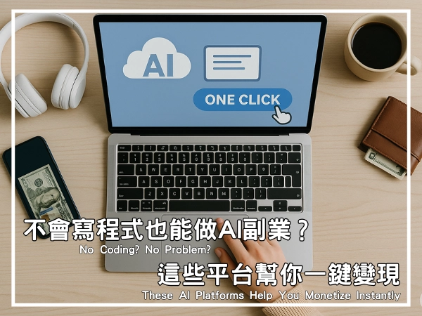 俯視視角呈現一張整齊的木質桌面,上面擺放著銀色 MacBook 筆電,螢幕顯示「AI」雲端圖示、「一鍵啟動」按鈕與簡報框圖案。筆電周圍有耳機、咖啡杯、皮夾(內含鈔票)與手機(上壓著美金現金),畫面右下是一隻手即將點擊滑鼠板,象徵透過 AI 工具平台輕鬆變現的概念